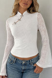 Lace Bell Sleeve Mock Neck Crop Blouse