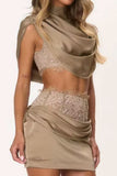 Cowl Neck Draped Crop Top Set