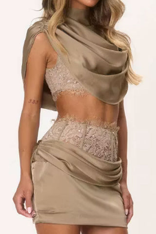 Cowl Neck Draped Crop Top Set