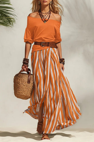 Off-Shoulder Top and Striped Maxi Skirt Set