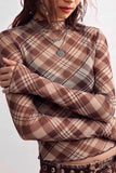 Plaid Mock Neck Sheer Long Sleeve Top