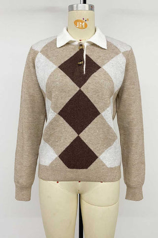 Argyle Knit Polo Collar Sweater