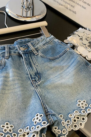 Floral Cutout Denim Shorts