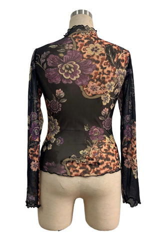 Sheer Floral Mock Neck Long Sleeve Blouse