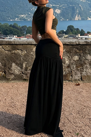 High-Waist Ruched Waistband Midi Skirt