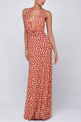 Polka Dot Halter V-Neck Maxi Dress