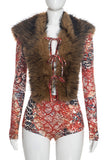 Faux Fur Snake Print Tie Front Top