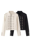 Military Button Mock Neck Cropped Jacket