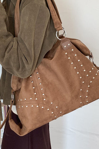 Studded Suede Hobo Bag with Ring Hardware