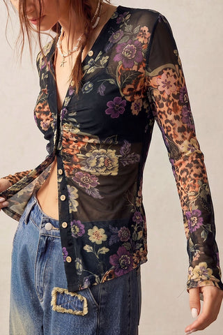 Sheer Floral Print Button-Front Blouse