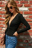 Deep V-Neck Ruched Front Long Sleeve Blouse