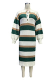 Striped Ribbed Knit Polo Midi Dress
