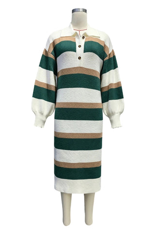 Striped Ribbed Knit Polo Midi Dress