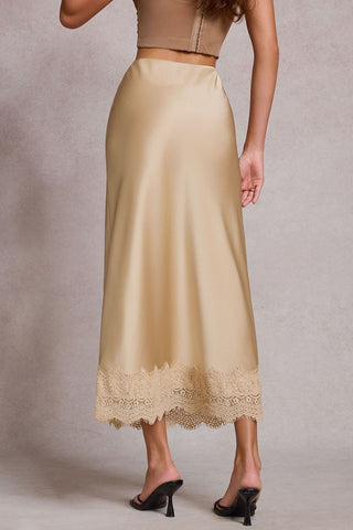 Lace Hem Satin Slip Midi Skirt