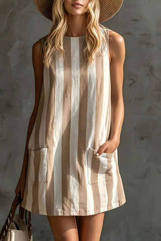 Pocketed Sleeveless Striped Mini Dress