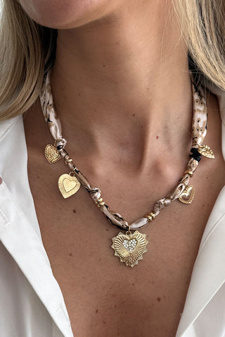 Printed Scarf Necklace with Charms