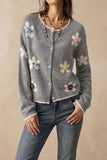 Floral Applique Button-Front Knit Cardigan