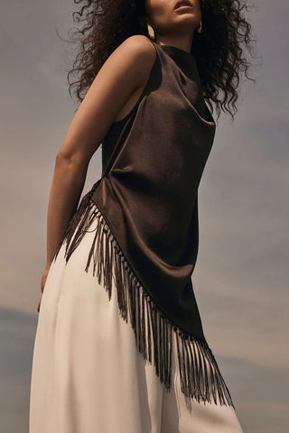 Satin Mock Neck Fringe Tank