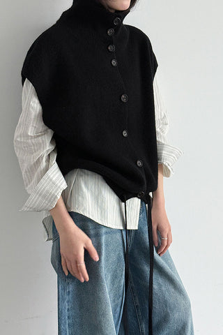 Collared Ribbed Knit Button-Front Vest