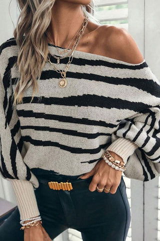 Zebra Print Puff Sleeve Crew Neck Sweater