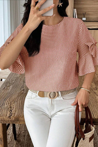 Ruffle-Sleeve Gingham Tee