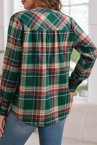 Plaid V-Neck Button-Front Long Sleeve Shirt