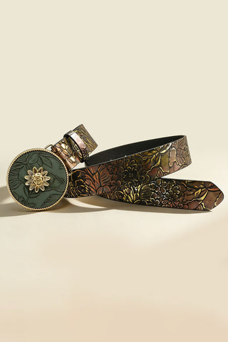 Embossed Floral Round Buckle Belt