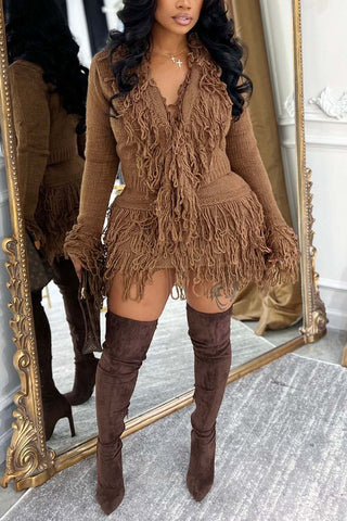 Fringe Trim V-Neck Knit Skirt Set