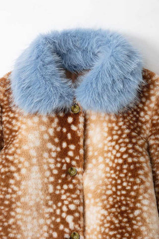 Faux Fur Collar Spot Print Button Jacket
