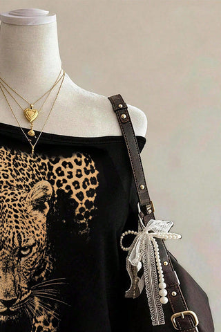 Leopard Print Off-Shoulder Short Sleeve Top