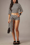 Striped Crew Neck Tie-Waist Short Set