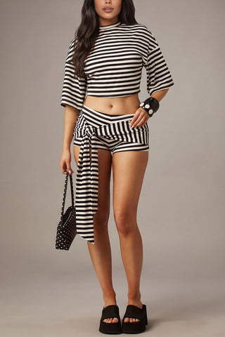 Striped Crew Neck Tie-Waist Short Set