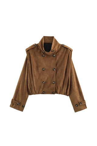 Double-Breasted Velvet Crop Coat