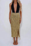 Sequin High-Waist Slit Midi Skirt