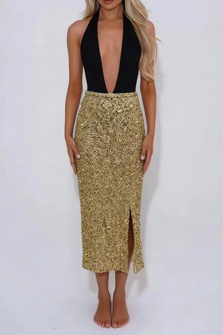 Sequin High-Waist Slit Midi Skirt