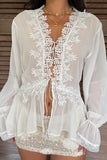Lace-Up Front Bell Sleeve Sheer Blouse