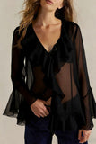 Sheer Ruffle V-Neck Bell Sleeve Blouse