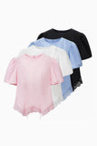 Round Neck Puff Sleeve Lace Trim Drawstring Blouse