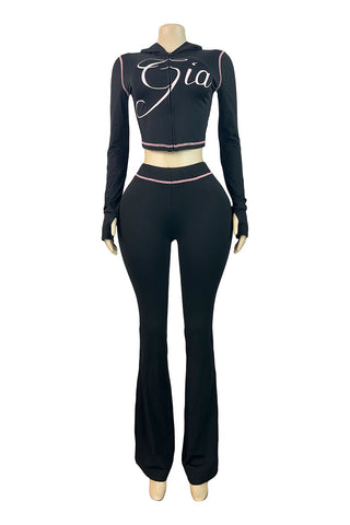 Graphic Zip-Up Hoodie and Flare Pants Set