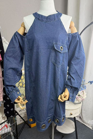 Cold Shoulder Mock Neck Grommet Denim Dress