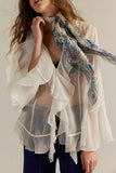 Sheer Ruffle V-Neck Bell Sleeve Blouse