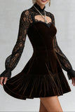 Lace Sleeve Mock Neck Velvet Mini Dress