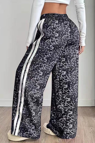 Leopard Print Side Stripe Drawstring Casual Pants