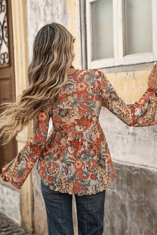 Floral V-Neck Tie Front Bell Sleeve Blouse