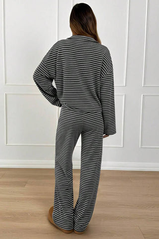 Striped Long Sleeve Collared Loungewear Set