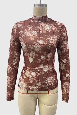 Sheer Floral Mock Neck Long Sleeve Blouse