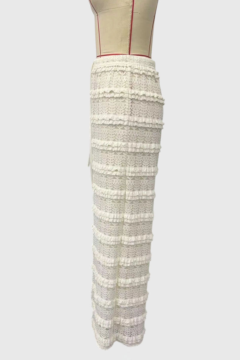 Lace Ruffle Drawstring Wide Leg Pants