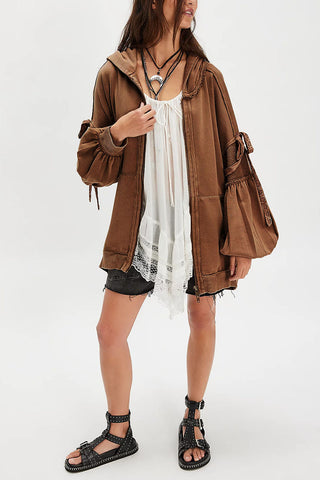 Tie-Sleeve Puff Zip-Up Hoodie