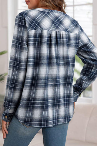 Plaid V-Neck Button-Front Long Sleeve Shirt
