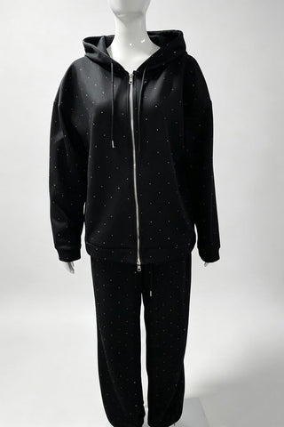 Rhinestone Zip-Up Hooded Sweatshirt